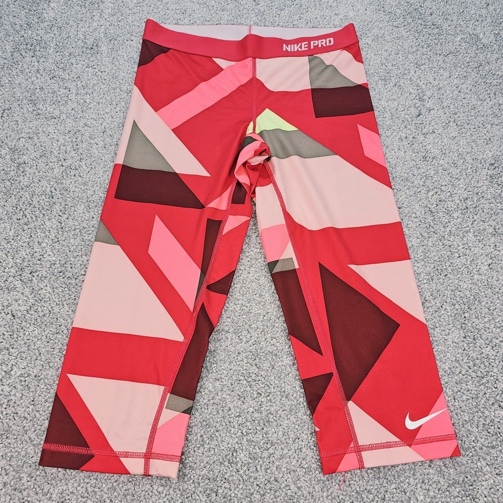 Nike Pro Pants Womens Medium Red Pink Athletic Leggings Running Gym‎ Logo Capri
